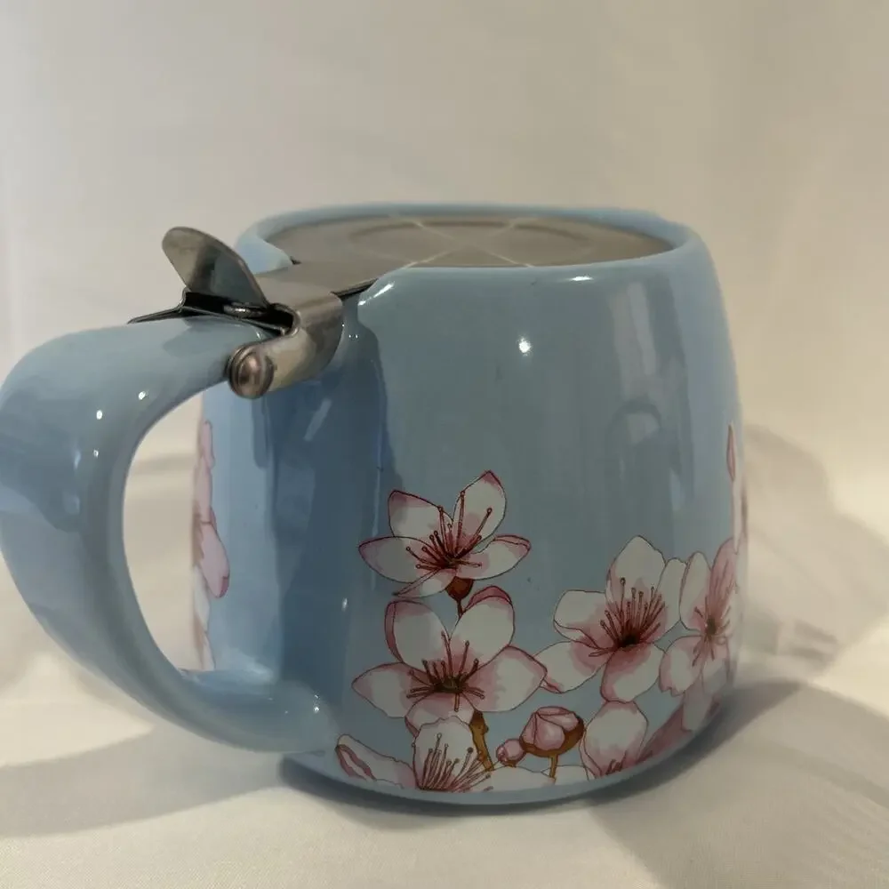 Teapot for One with Tea Infuser, Blue with Pink Flowers 16 ounce